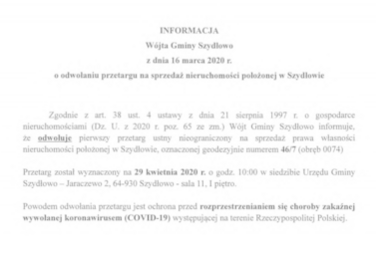 Zdjęcie do Odwołanie przetargu na sprzedaż nieruchomości położonej w Szydłowie
