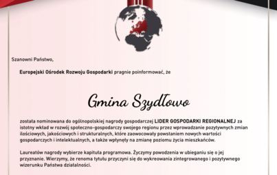 Zdjęcie do Gmina Szydłowo z nominacją do nagrody LIDER GOSPODARKI REGIONALNEJ