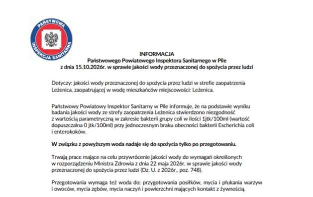 Ostrzeżenie o jakości wody w sołectwie Leżenica