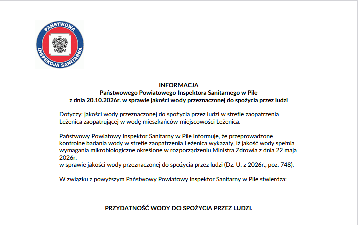 Woda w sołectwie Leżenica zdatna do spożycia