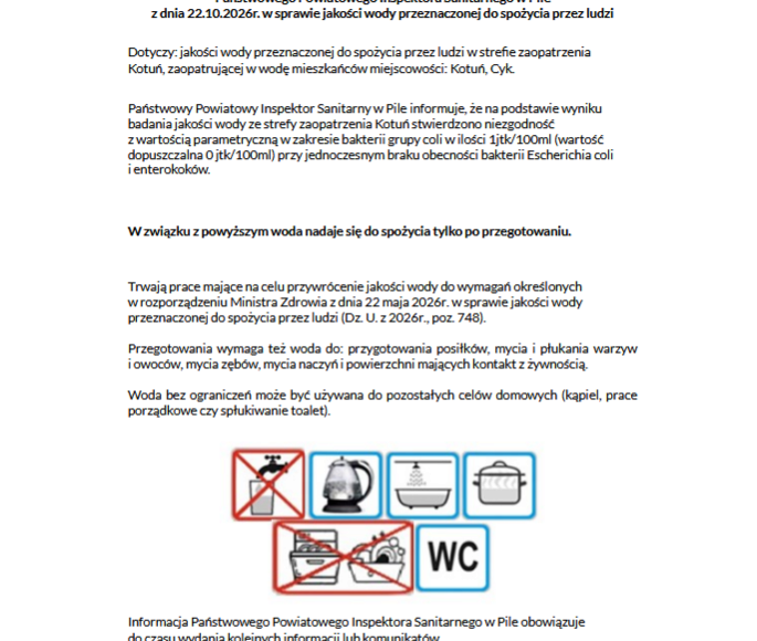 Konieczność przegotowania wody w Kotuniu i Cyku